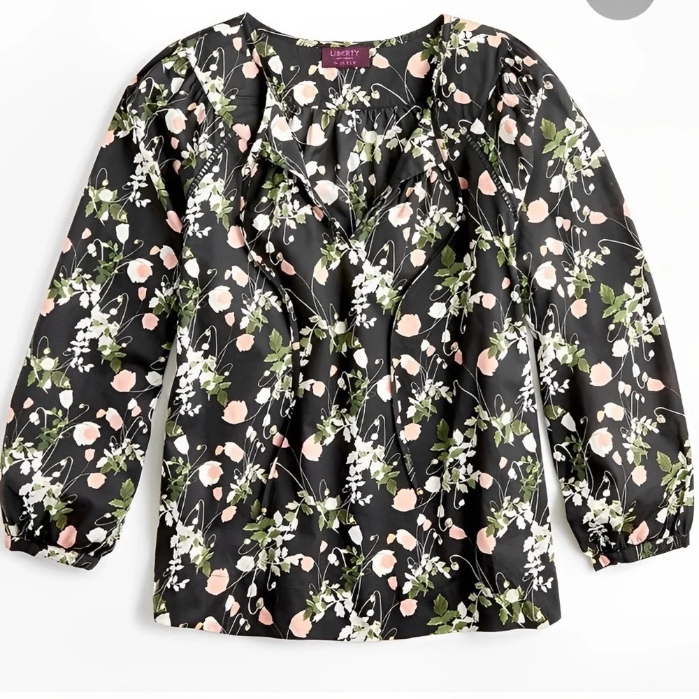 J. Crew Black Poppy Dream Liberty Floral Front Tie Peasant Blouse